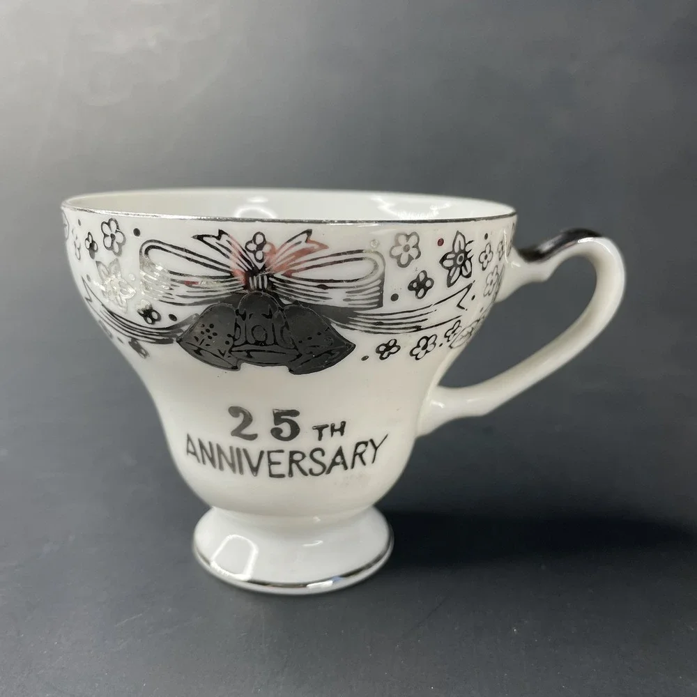Vtg Arnart Creation Tea Cup & Saucer Japan‎ 25th Silver Anniversary White Bells